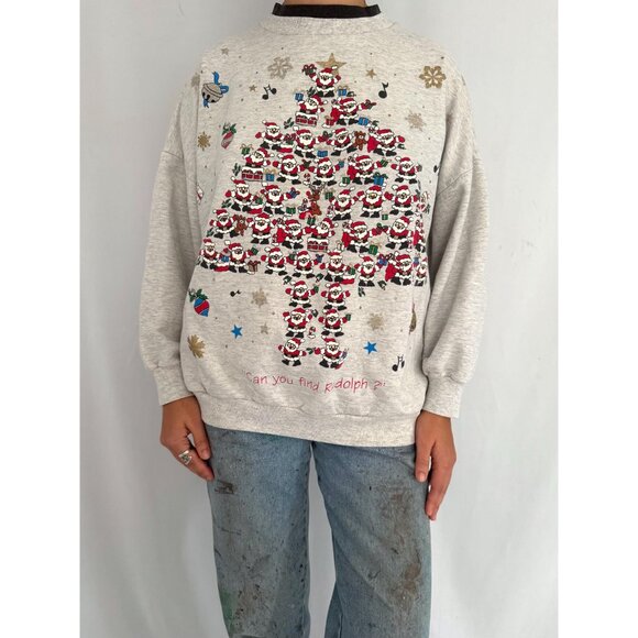 90s vintage grey christmas tree santa graphic ugly holiday pullover sweater - Picture 2 of 9